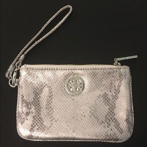Tory Burch silver wristlet purse